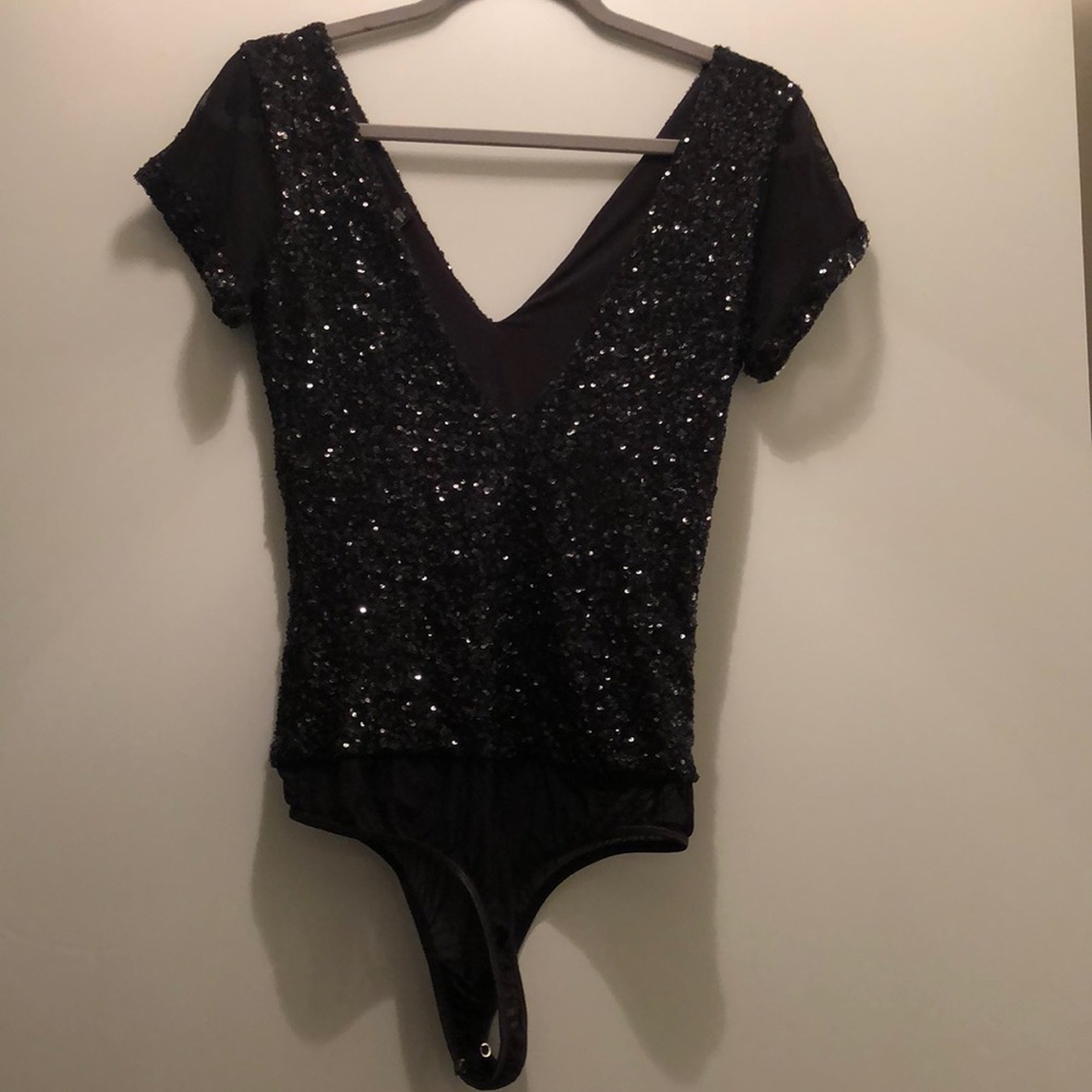 Black sequined BeBe Body suit with Mesh sleeves